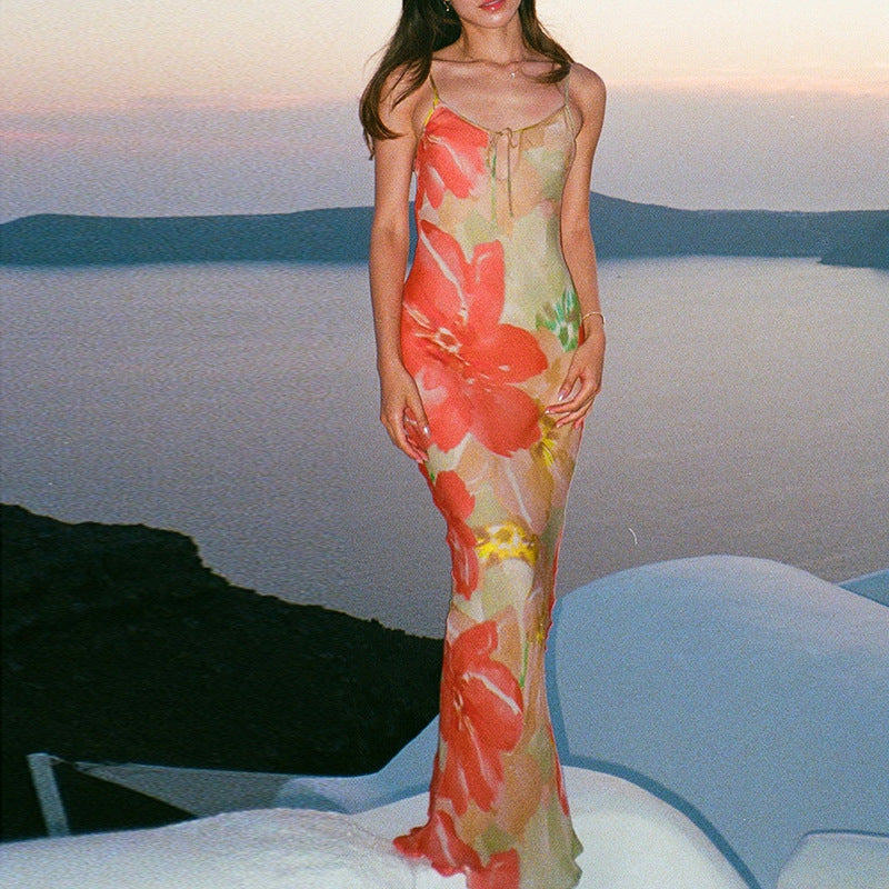 Sexy Straps Hohl-Ausgeschnittenes Bedrucktes Rückenfreies Kleid Damen Urlaub Sexi Kleid