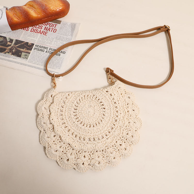 Sac à bandoulière en dentelle en fil de coton tressé creux découpé sac de paille épaule sac de plage vacances sac pour femme