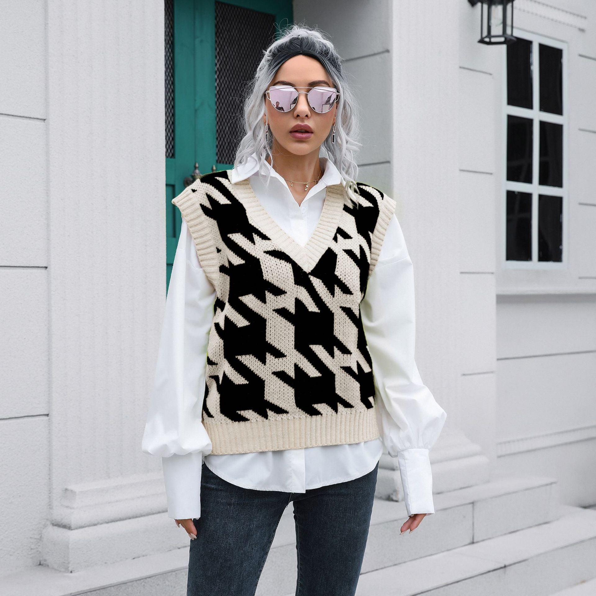 Hahnentritt V-Ausschnitt Weste Pullover Damen Weste Oberbekleidung Unterbekleidung Herbst Winter Strickwaren Pullover Bouclé