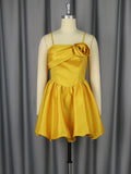 Hochwertiges Trägerkleid Dreidimensionales Blumenmuster Kurzes Kleid Sexy Elegantes Goldenes Party Abendkleid