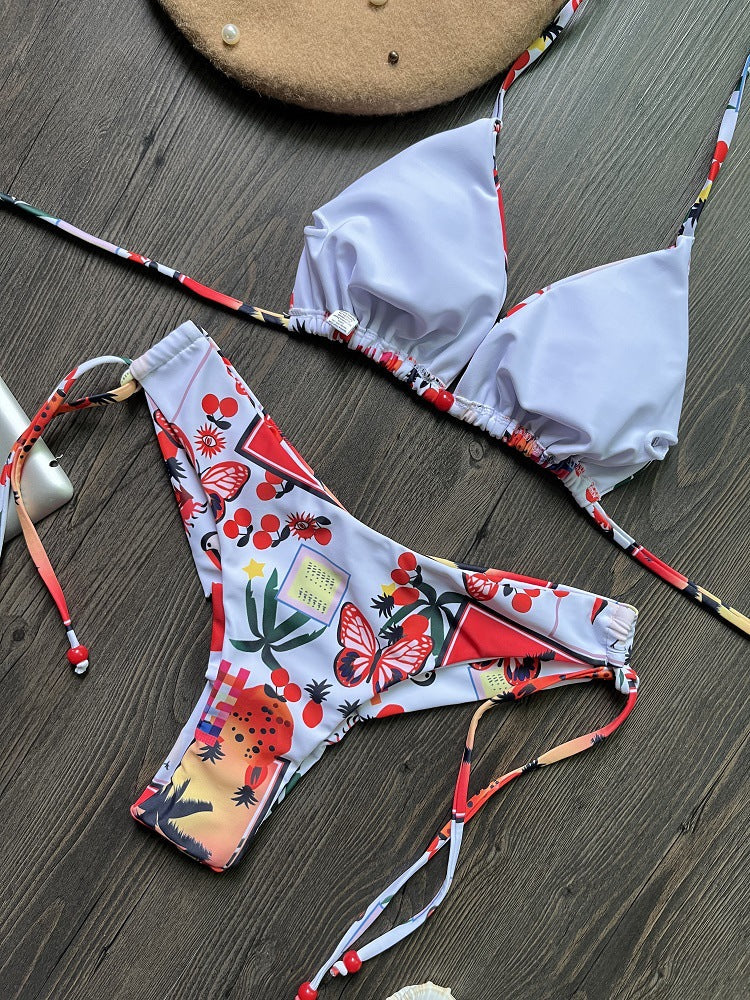 Badeanzug Damen Bedruckter Triangel-Bikini Schnürung Dreieck-Bikini Badebekleidung