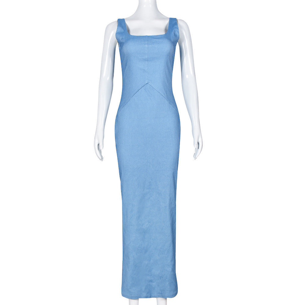 Jeans Damenbekleidung Frühling Sommer Sexy rückenfreies Kleid mit Reißverschluss, hochelastischer Schlitz, für Damen