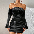 Robe Fourreau Sexy Femme Automne Hiver, Velours Épaule Dénudée, Taille Fine