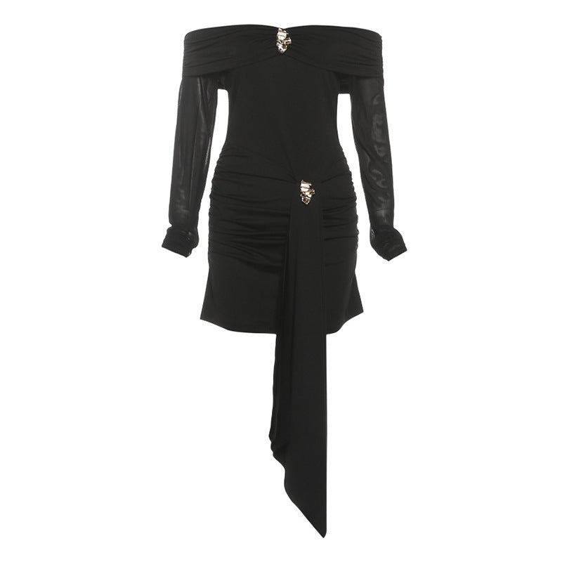 Damenbekleidung für den Herbst, sexy, schmal geschnitten, halbdurchsichtig, schulterfrei, rückenfrei, mit Metallapplikationen, Kleid für Damen