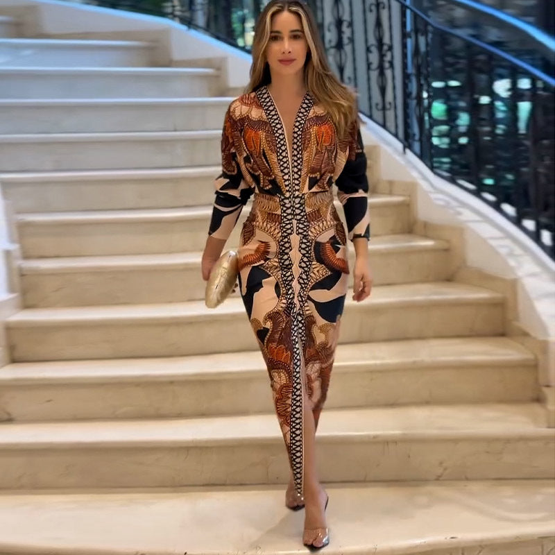 Robe imprimée à manches courtes et col en V pour femme, coupe slim, collection printemps
