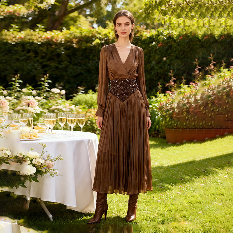 Elegantes Langarm-Kleid in Uni-Farbe mit Rautenmuster, Herbstkleid, hochwertiges figurbetontes Damenkleid mit Taillenbetonung
