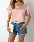 T-shirt en satin pour femme, printemps-été, ample, poches, ourlet roulé, manches courtes, décontracté