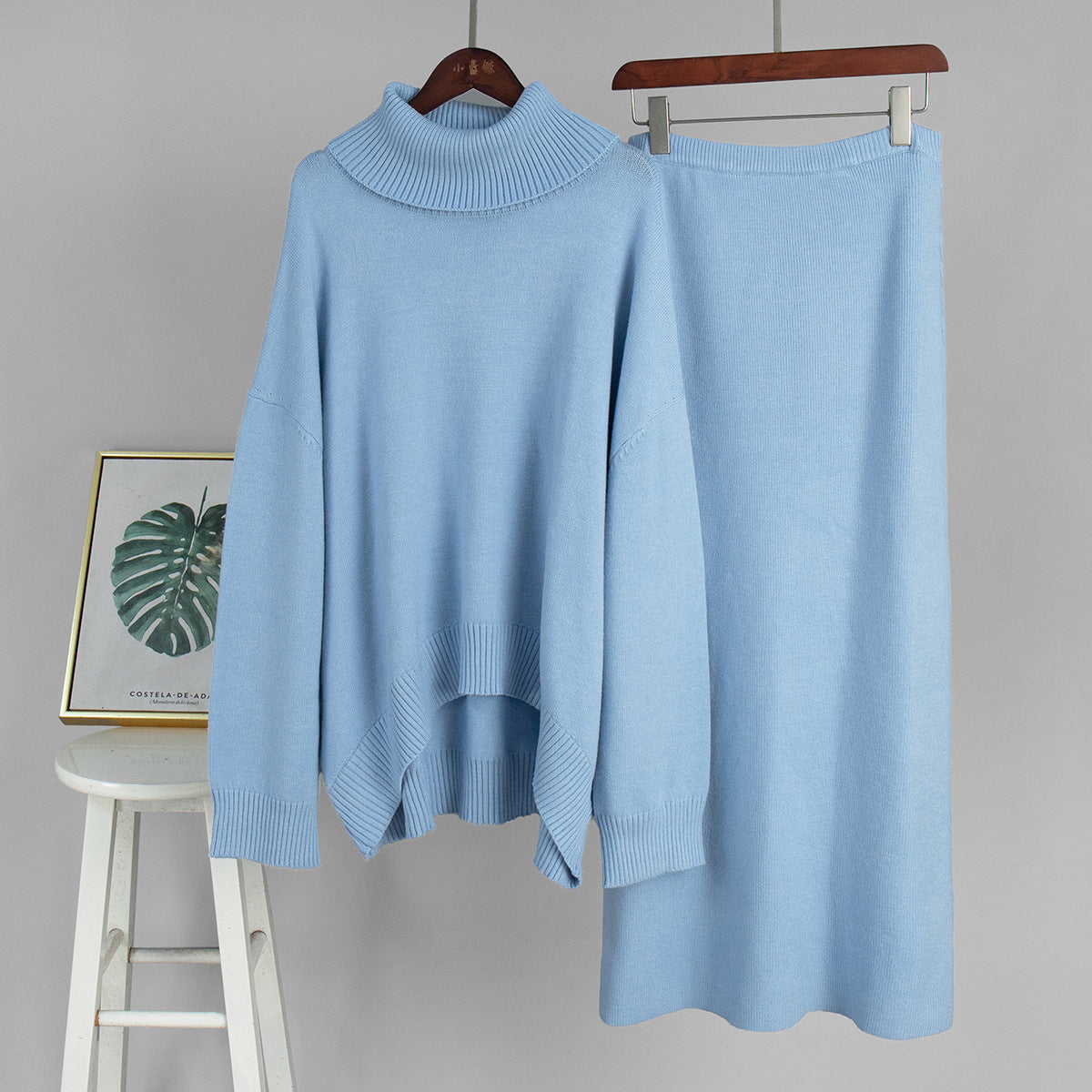 Rollkragenpullover Rock Set Damen Herbst Winter Loose Strick Zweiteiliges Pullover Set Damen