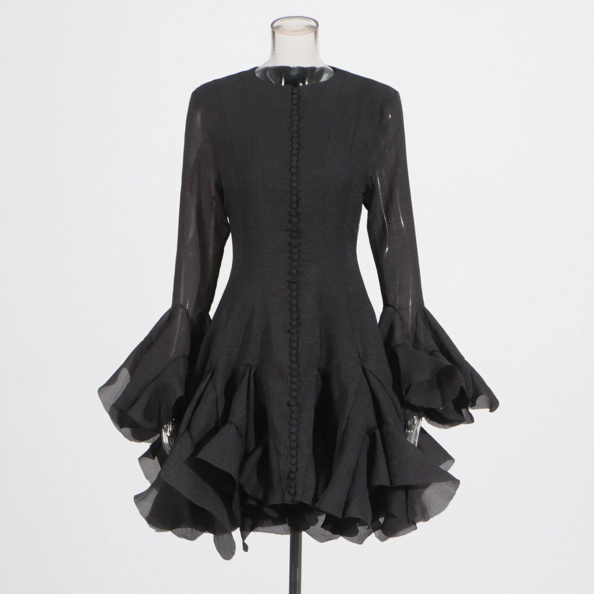 Frühlingsrüschen Design Taillenbetonendes Schlankmachendes Kleid mit ausgestellten Ärmeln für Damen