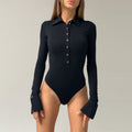 Trend Sexy Slim Long Sleeve Button Collared Bodysuit Autumn Winter Women Clothing