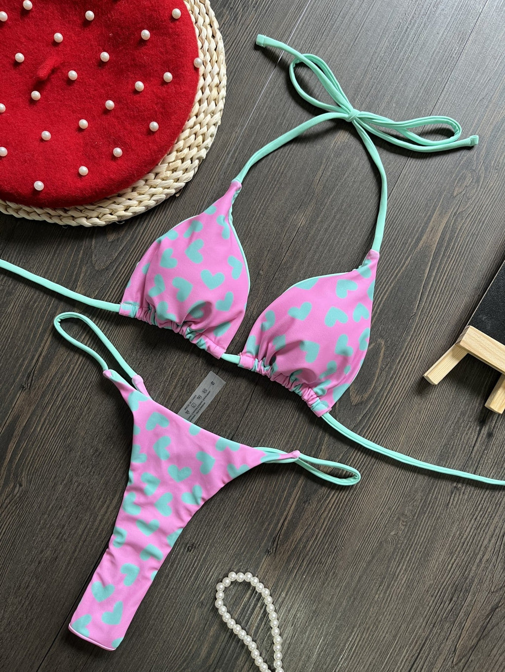 Bikini Cœur Imprimé Sexy Dos Nu Fendu Maillot de Bain Bikini