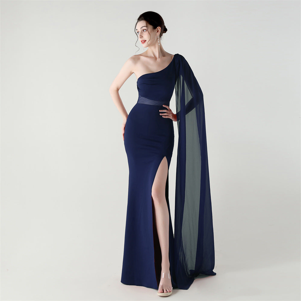 Einzelschulter-Crossbody-Kleid mit Netz-Design und Satinschleife, schmal geschnittenes Cocktailkleid/Abendkleid