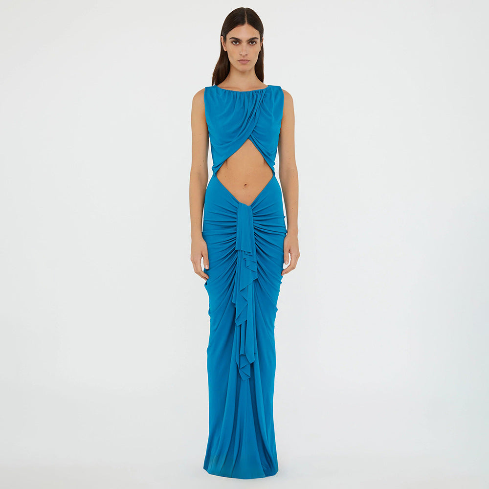 Elegantes Stiching Sexy Kleid Blau Hohl Ausschnitt Cutout Hohe Taille Slim Fit Kleid Damen