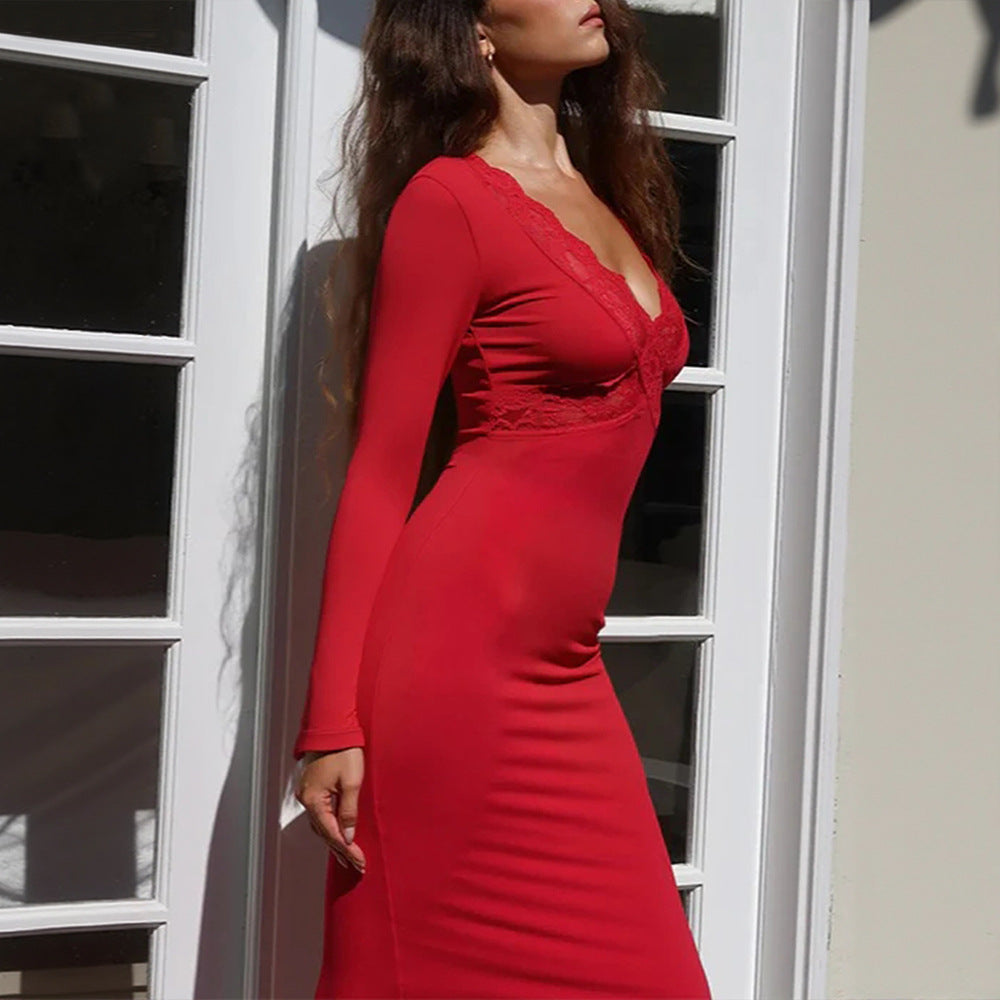 Rotes V-Ausschnitt Spitzennaht Langarm Figurbetontes Etui-Fischschwanz-Kleid Elegantes Sexy Kleid
