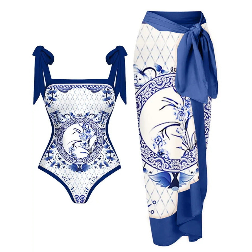 Maillot de bain deux pièces pour femme avec jupe en gaze imprimée multicolore, anti-transparence, protection solaire