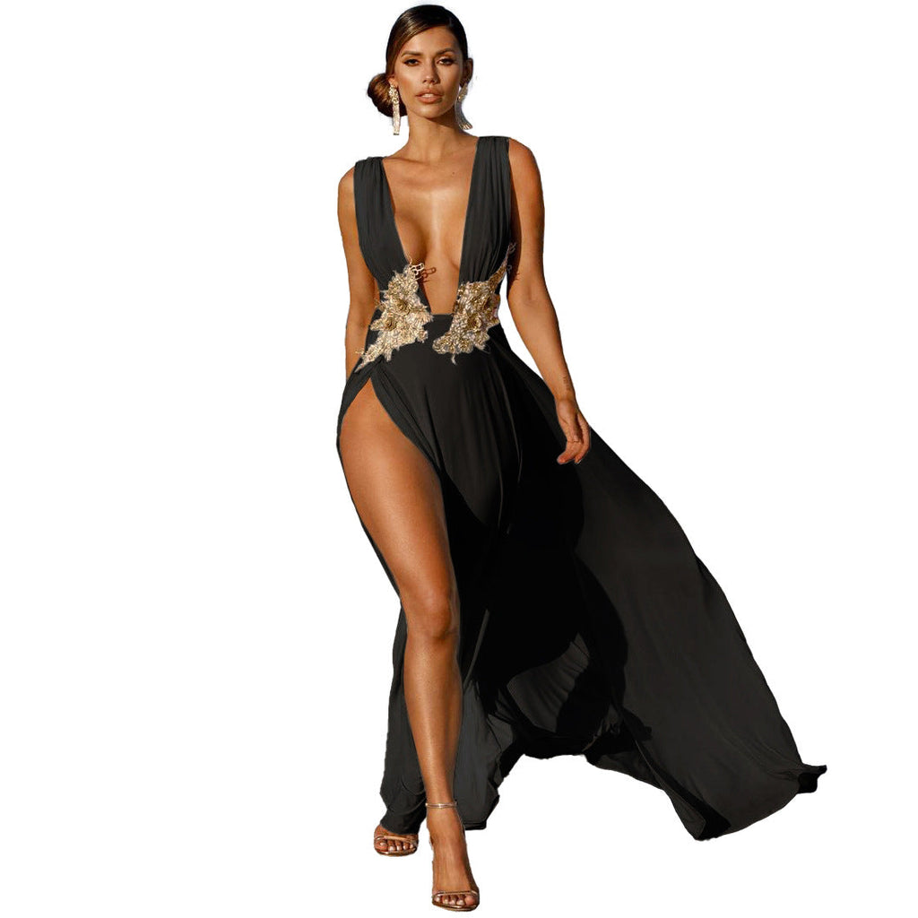 Neues Damen Maxikleid Sexy Mode Hochzeitsabendkleid Tiefer V-Ausschnitt Hoher Schlitz Großes Schwingendes Mop-Kleid