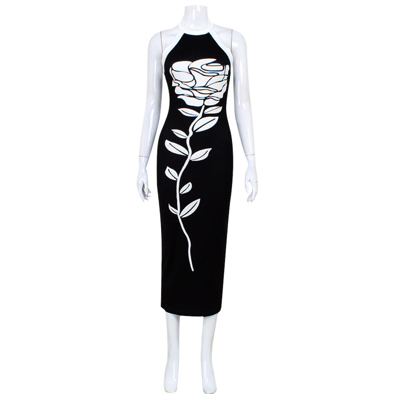 Robe longue moulante sans manches avec licou et imprimé sexy pour femme