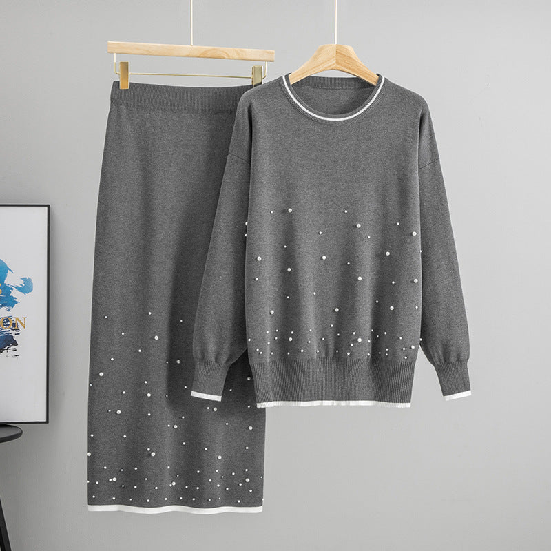 Herbst Winter Hohe Taille Locker Figurbetonter Heavy Industry Perlen Strickoberteil Halb-Lange Zweiteilige Sets