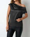 Vêtement féminin Printemps-Été Chemise en satin Soie artificielle Haut asymétrique irrégulier épaules dénudées sans manches