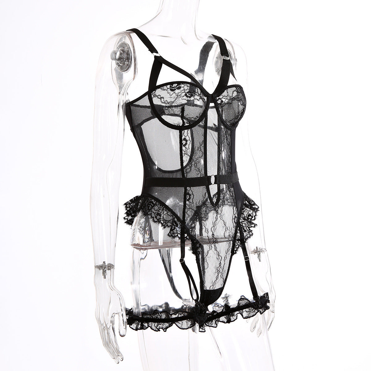 Combinaison Bodysuit Lingerie Sexy en Dentelle à Découpes Transparente avec Anneau de Jambe