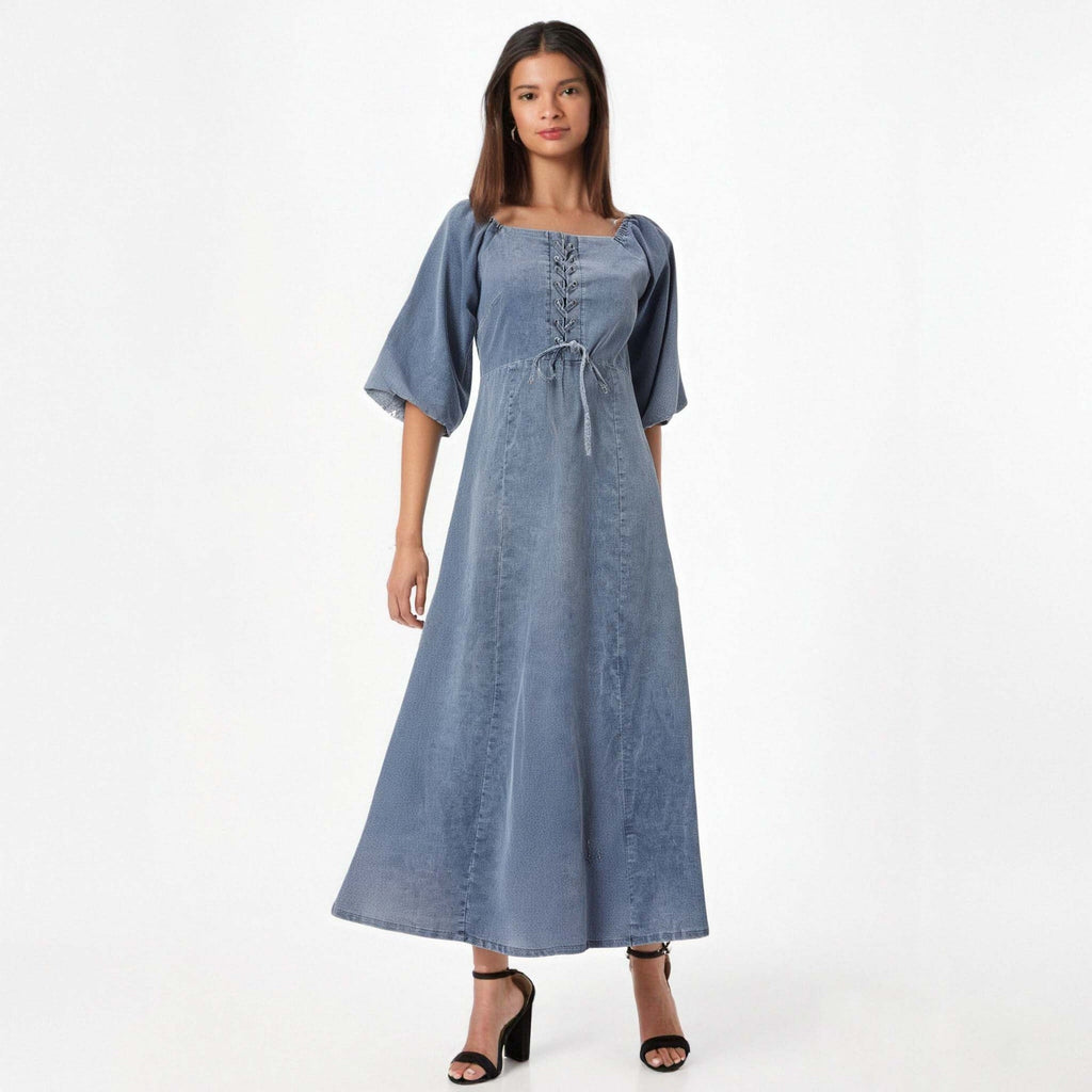 Robe longue en jean fine à col carré, manches longues lanternes, taille ajustée, couleur unie, coupe évasée.