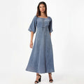 Robe longue en jean fine à col carré, manches longues lanternes, taille ajustée, couleur unie, coupe évasée.