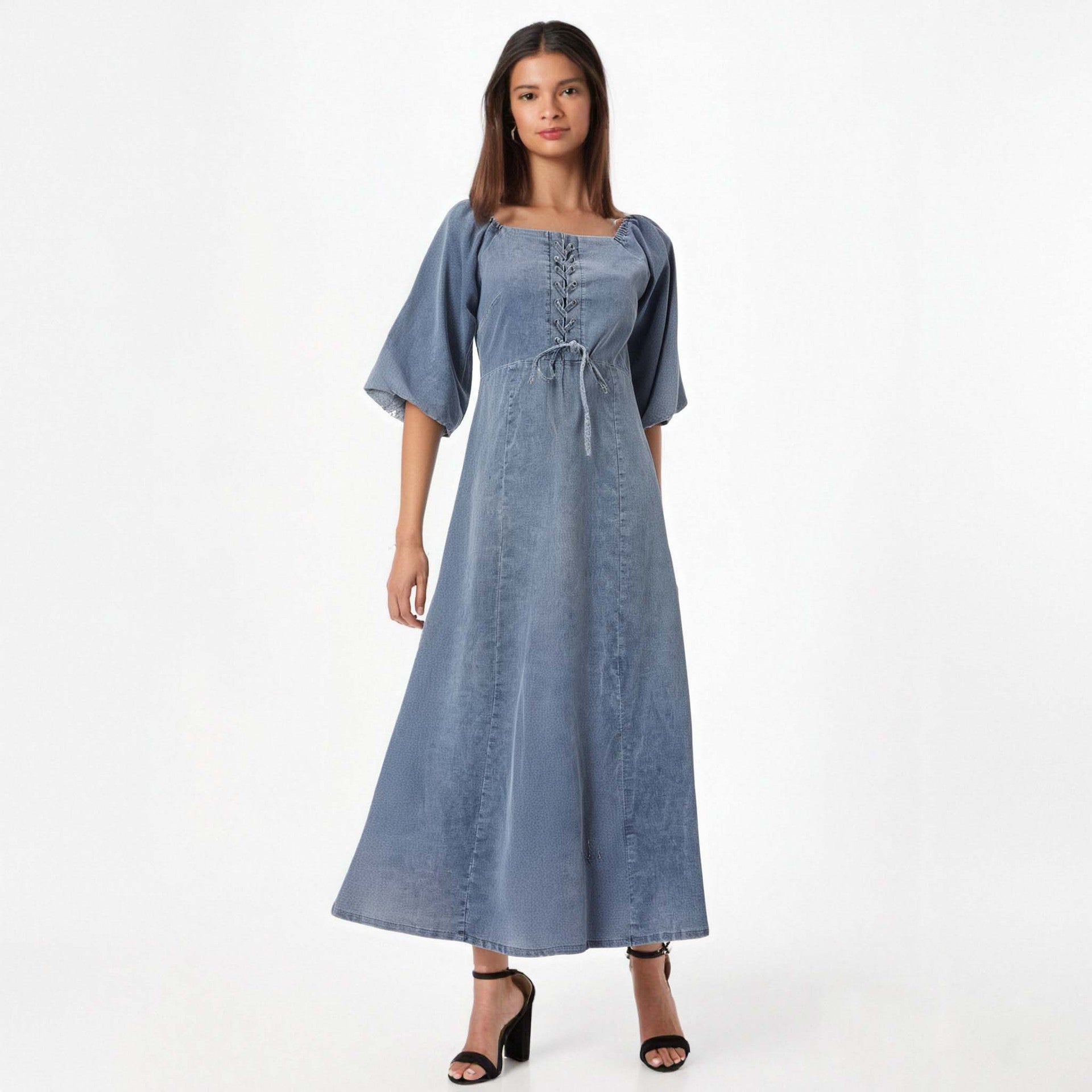 Robe longue en jean fine à col carré, manches longues lanternes, taille ajustée, couleur unie, coupe évasée.