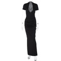 Winter Damenbekleidung Sexy tiefer V-Ausschnitt Kurzarm Unifarben Sexy Plissiertes Maxikleid
