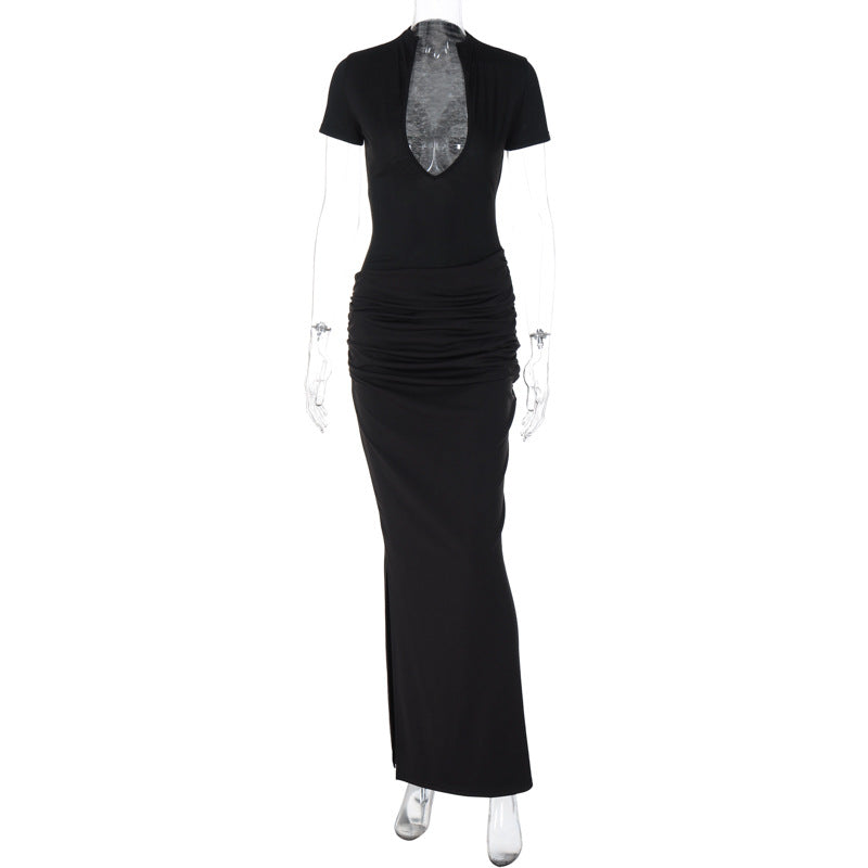 Winter Damenbekleidung Sexy tiefer V-Ausschnitt Kurzarm Unifarben Sexy Plissiertes Maxikleid