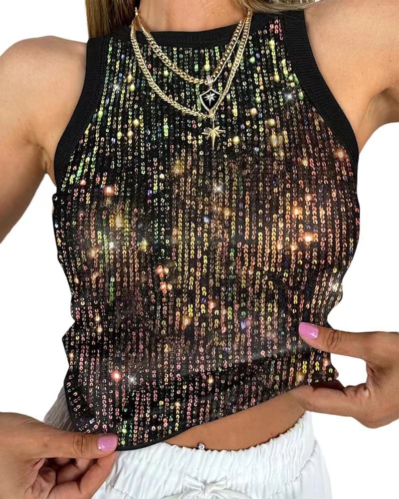 Pailletten Leopard Print Damen Weste Sexy Kurzes Outfit Farblich abgestimmtes ärmelloses Oberteil Damen