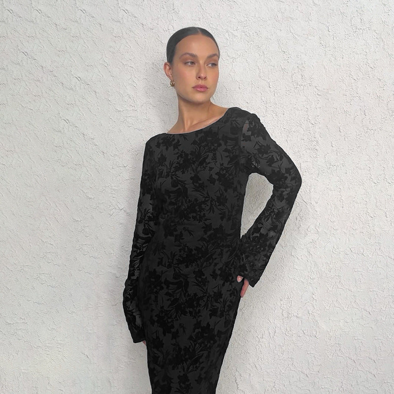 Robe sexy imprimée dos nu à manches longues pour femme - Élégance et mode automnale