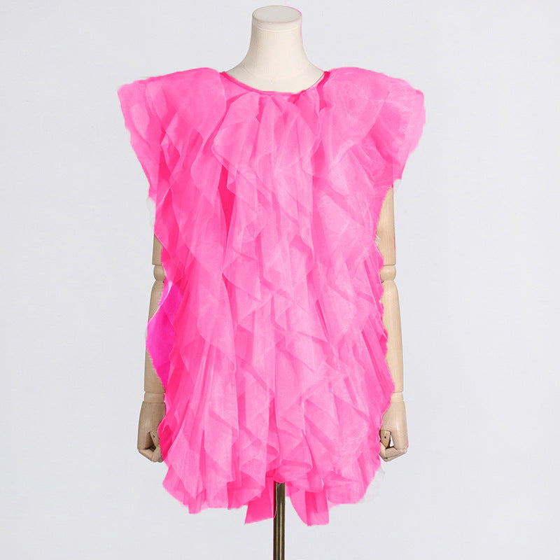 Unregelmäßiges asymmetrisches Rüschen-Stich-Kleid aus durchsichtigem Organza, ärmellos, sexy, für Damen