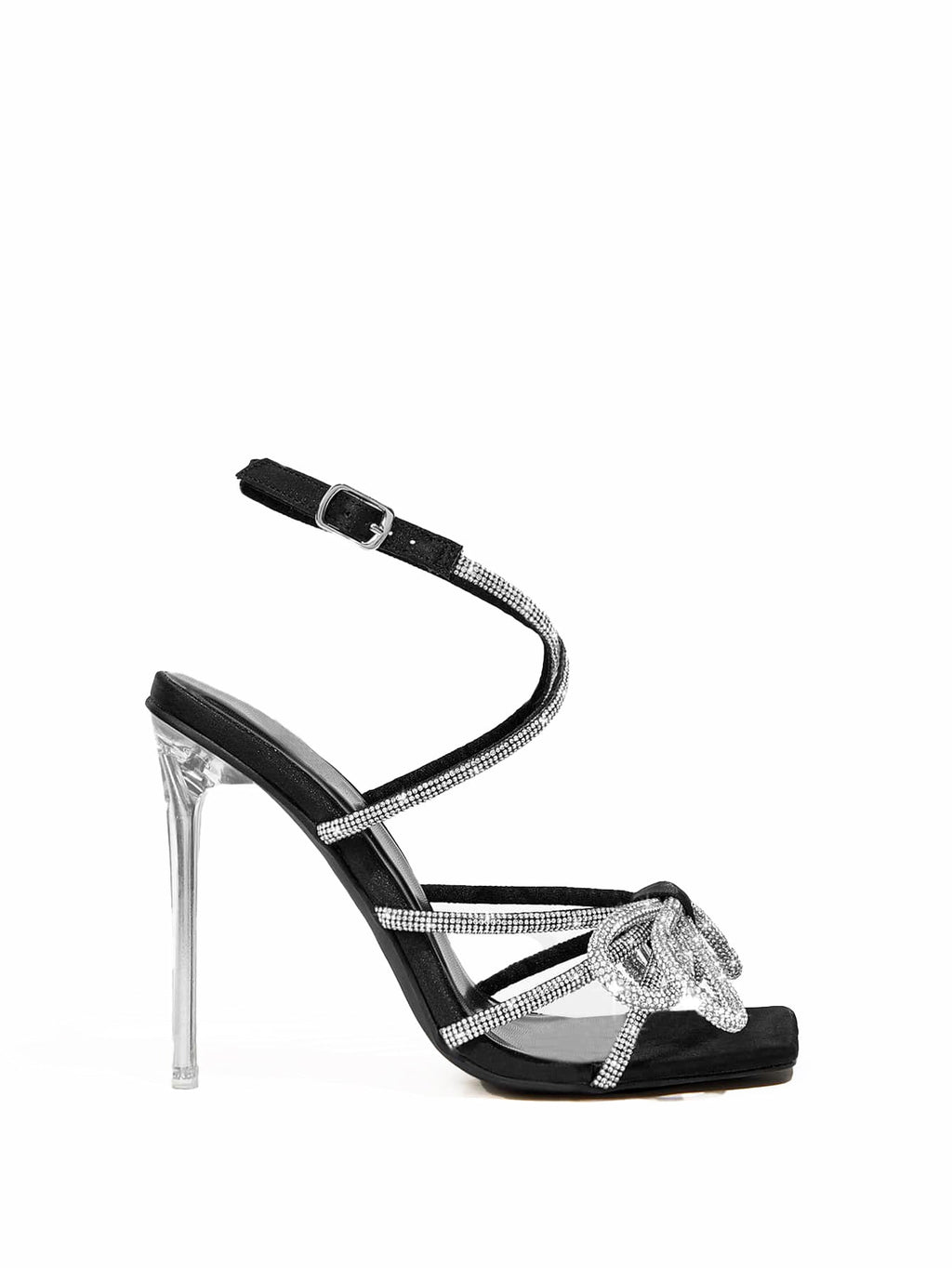 Sandales d'été à talons hauts pour femmes, bout carré, strass, nœud, talon aiguille 11 cm
