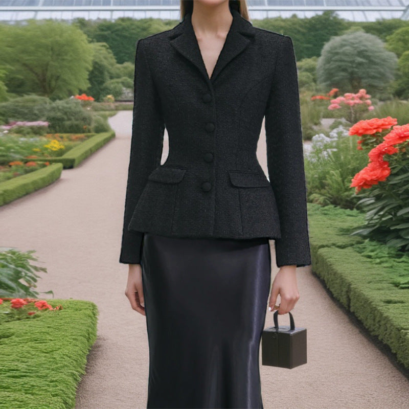 Französisches zweiteiliges Set Herbst, taillenschlank, einreihig, langärmelig, elegantes Rockset für Damen