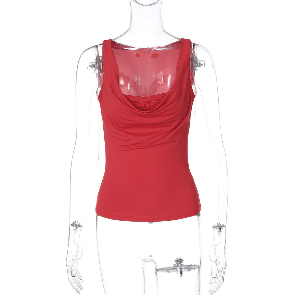 Damenbekleidung Frühling Sommer Sexy U-Ausschnitt Plissiert Schmal geschnitten All-Match Kleines Tanktop