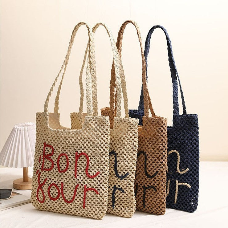 Sac en paille à broderie graphique avec lettres, sac en paille ajouré à découpes, sac tissé, sac de plage pour les vacances, sac pour femme
