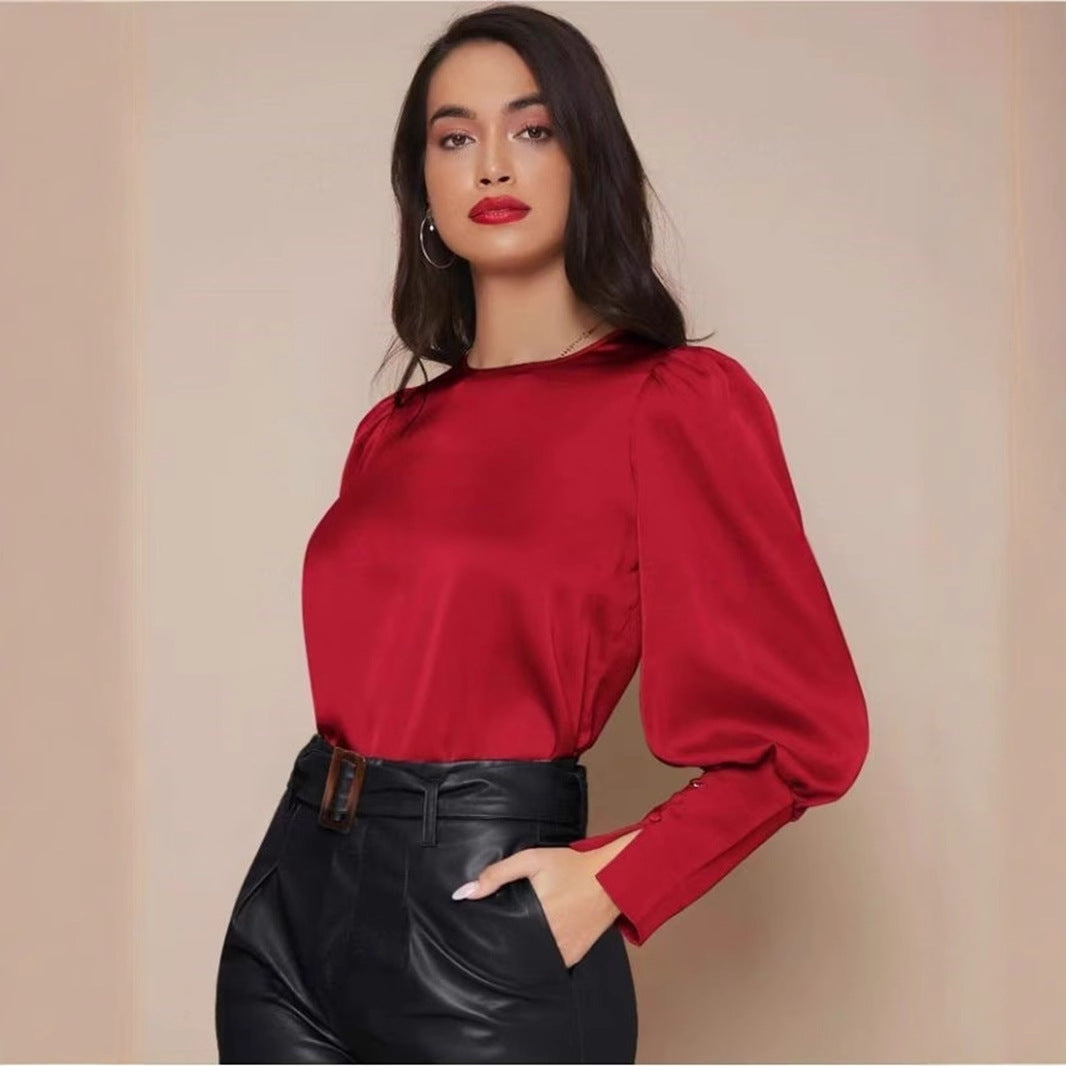 Chemise longue en satin à manches longues pour femme, haut en satin à manches lanternes pour le printemps et l'automne