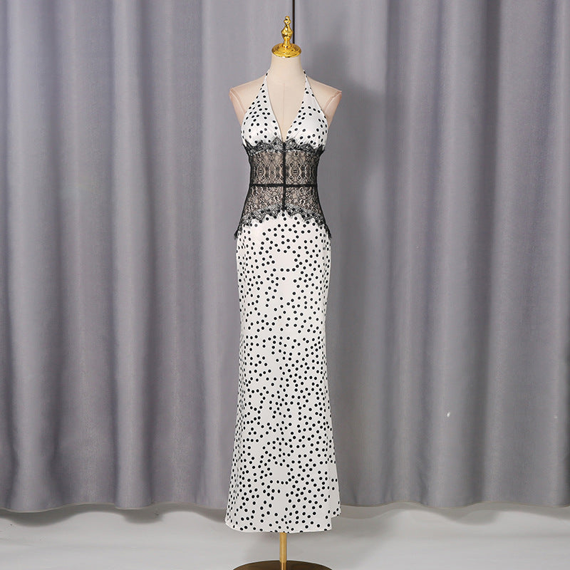Robe femme sexy dos nu élégante de haute qualité à pois en dentelle patchwork amincissante à la taille