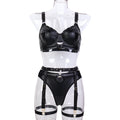Punk-Serie, dreiteiliges Set, sexy Dessous, schwarzes Kunstleder, dezentes Leder, Metallprägung, Schwerindustrie