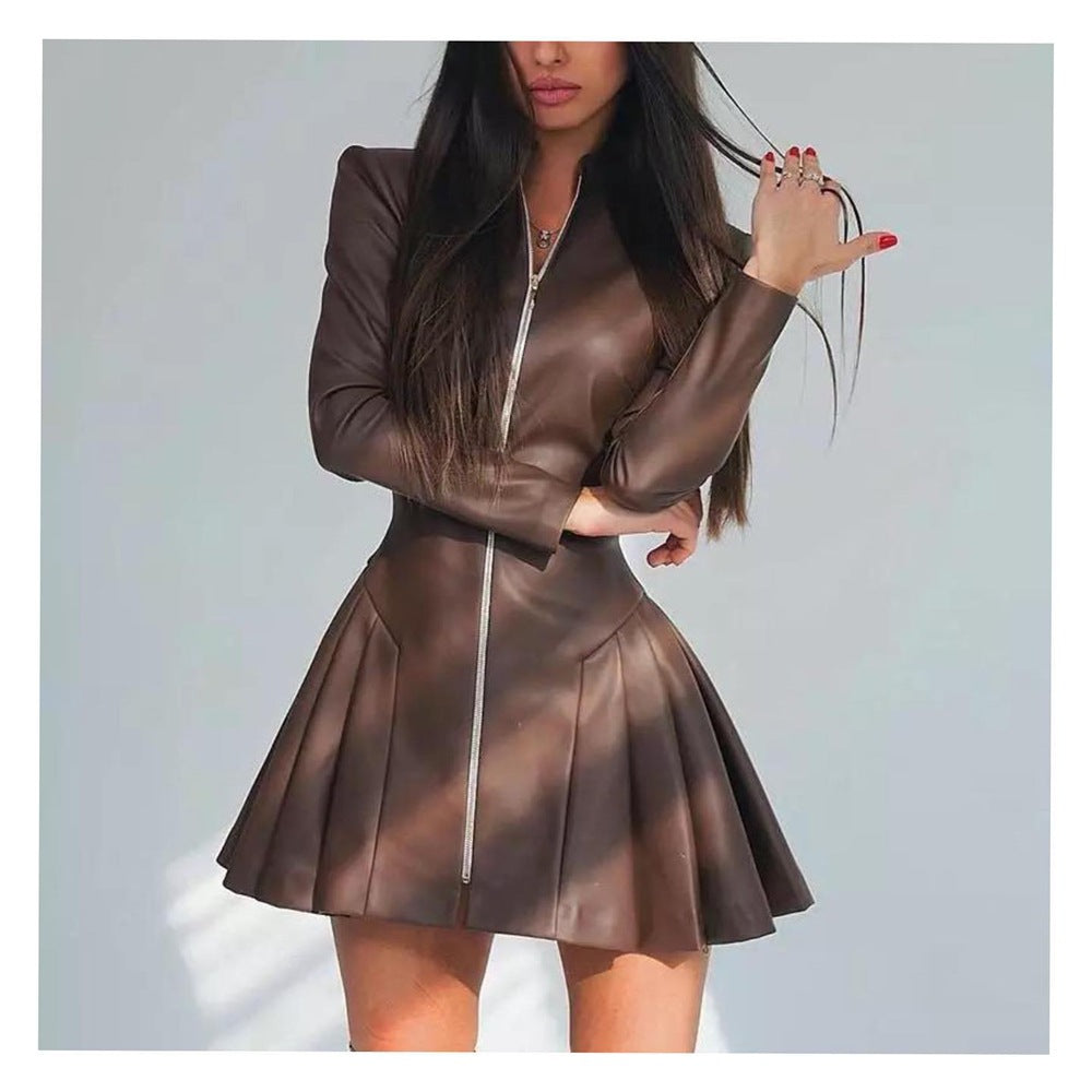 Damen modisches, tailliertes Langarm-Faltenkleid aus Kunstleder mit Reißverschluss