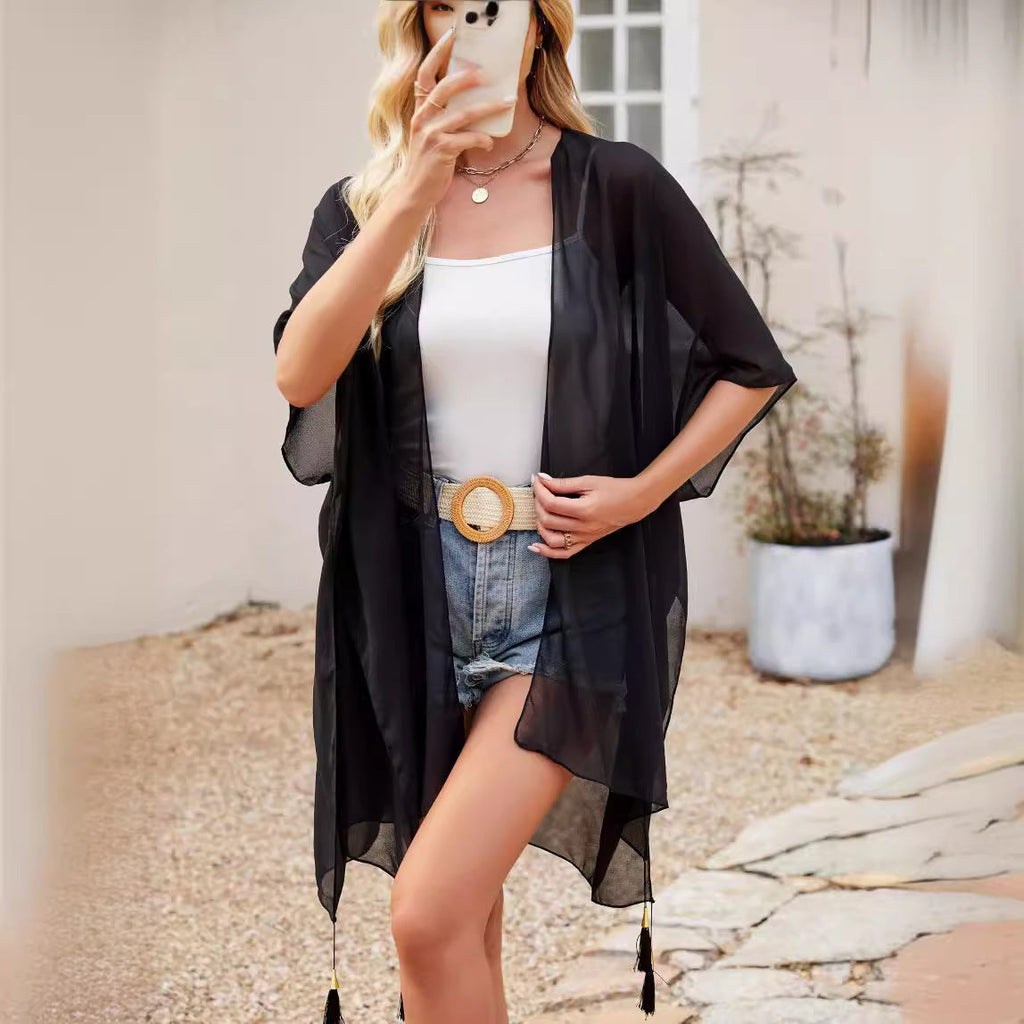 Strandbluse Transparent Sexy Quaste Dünner Umhang Einfarbig Reise Sonnenschutz Strickjacke