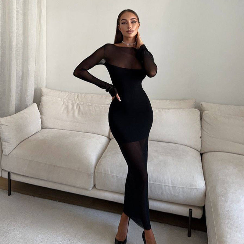 Robe femme col rond manches longues coupe ajustée flatteuse robe de soirée élégante en maille sur le tapis rouge