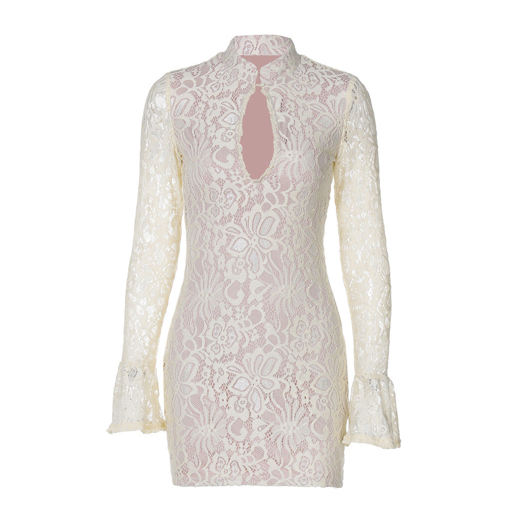 Vêtements pour femmes Hiver Sexy Dentelle Découpe Hanche Enveloppée Robe Manches Évasées