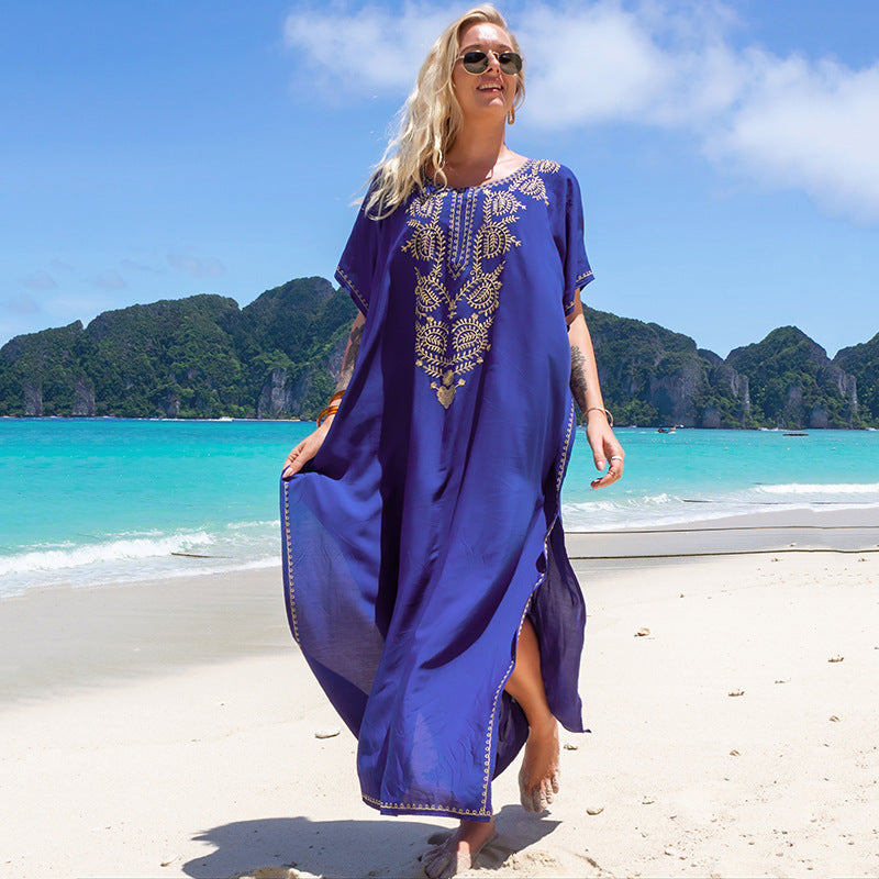 Robe de vacances brodée bleue, robe de plage ample pour la mer, vêtements de protection solaire, chemisier de maillot de bain bikini