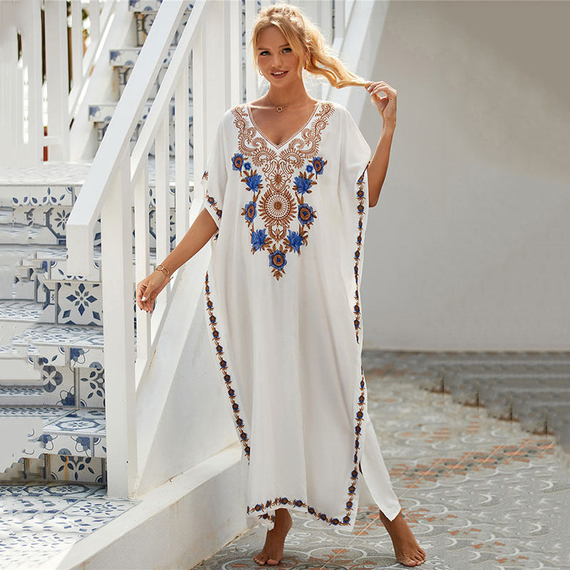 Robe de plage brodée en rayonne blanche, jupe de vacances, robe brodée, paréo de plage