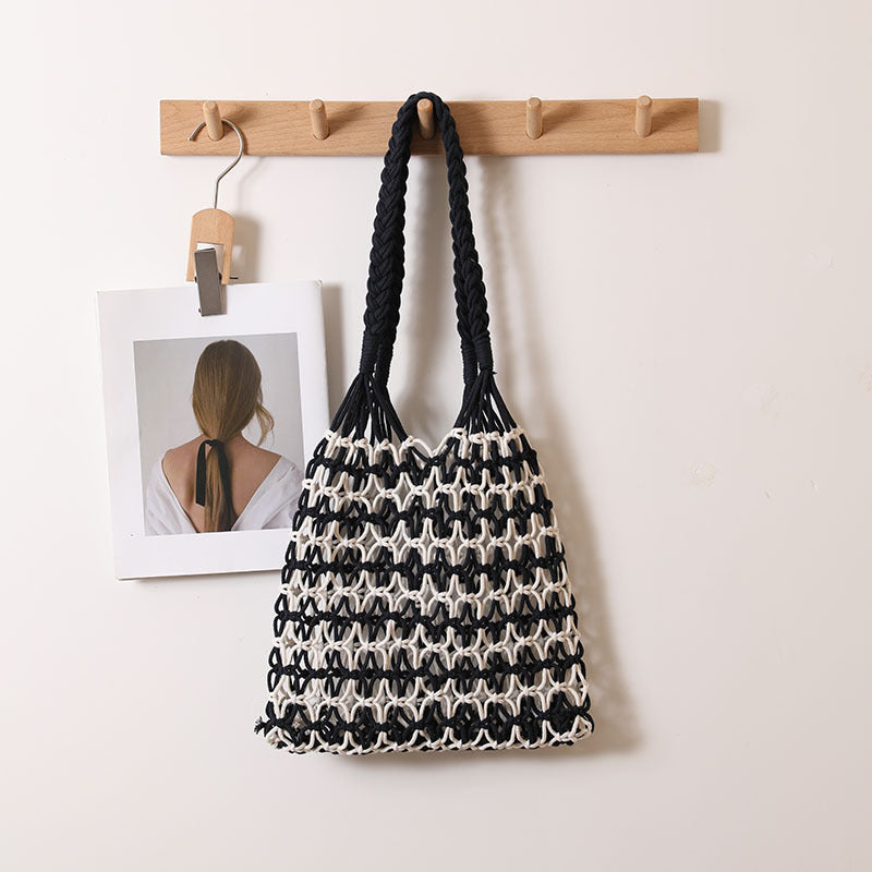 Sac de Plage en Paille Tressée d'Été avec Motif à Lacets, Idéal pour les Vacances à la Plage des Femmes