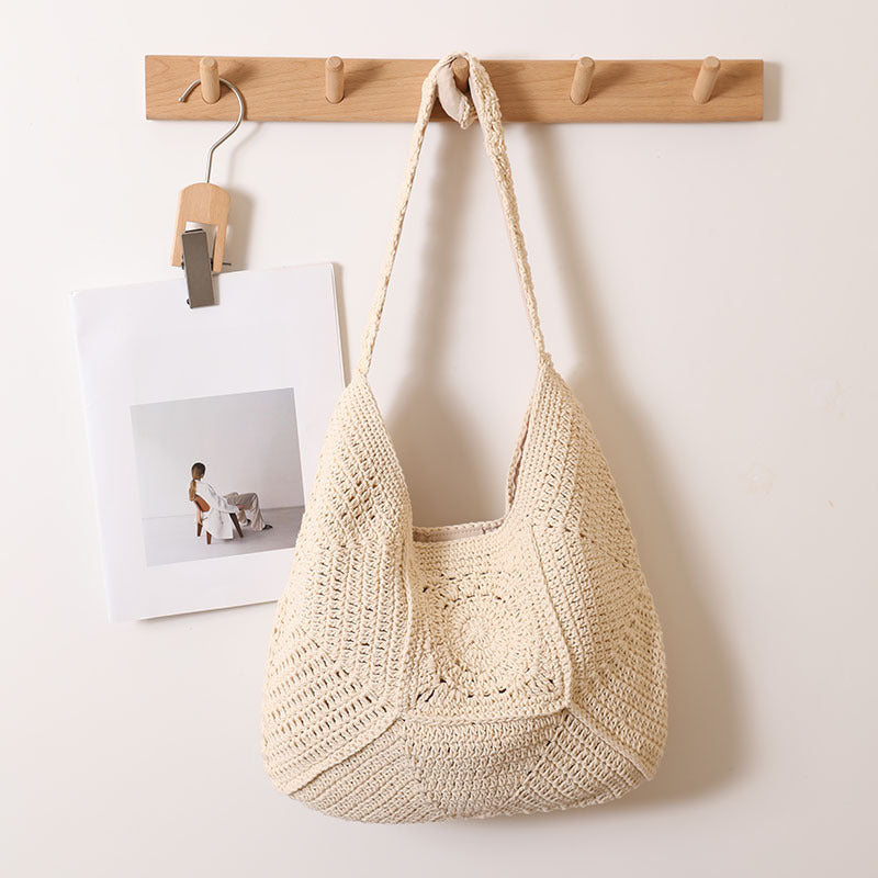 Sac à bandoulière simple de haute qualité en coton tissé grande capacité, sac de plage de vacances pour femmes avec motif floral ajouré en paille