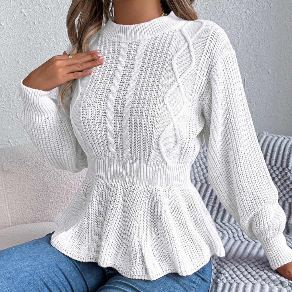 Automne Hiver Couleur Unie Torsadé Taille Ajustée Volants Manches Longues Pull Femme