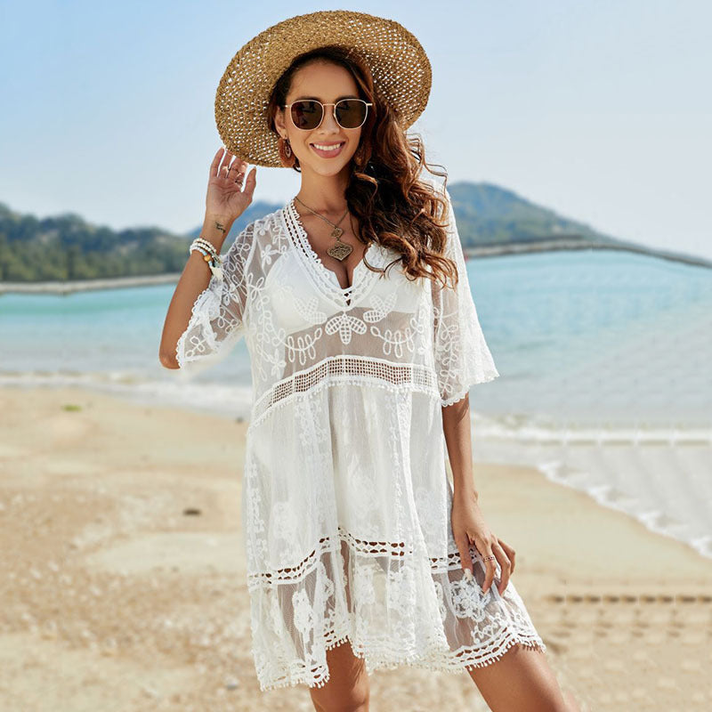 Spitzen-Patchwork bestickte Strandbluse Sexy Urlaub Sonnenschutzhemd Strandüberwurf