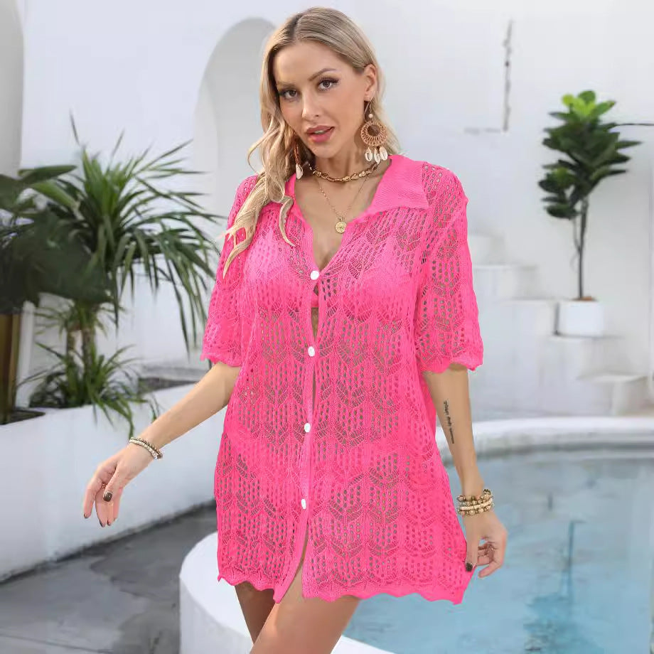 Chemisier de protection solaire pour femmes, idéal pour les vacances à la plage, coupe ajourée, tissé, col polo, à porter par-dessus un maillot de bain ou en veste légère de plage